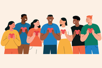 Obraz premium Seven diverse people holding red hearts, smiling together, symbolizing love, kindness, unity, and community support in modern stylized illustration.