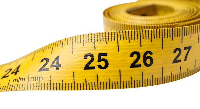 Yellow measuring tape close up showing numbers isolated on white background