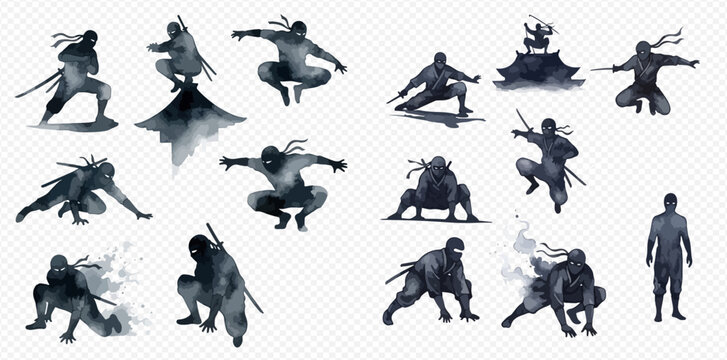 Set of watercolor ninja warriors in various action poses, traditional Japanese martial arts characters.