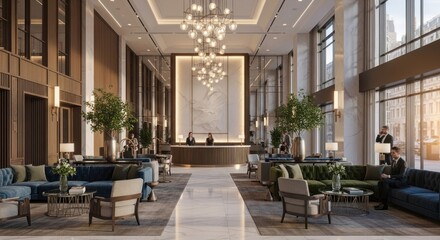 Modern hotel lobby interior with seating areas large windows and decorative lighting