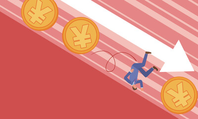 日本円と転がり落ちる男性