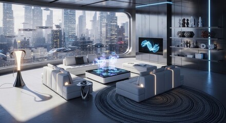 Futuristic interior design with city view and holographic display