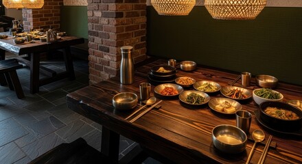 Wooden table with various dishes in a restaurant setting under warm lighting