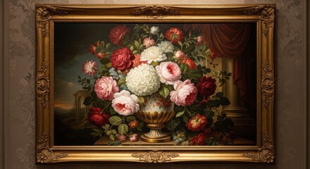 Elegant floral still life painting with ornate gilded frame art composition