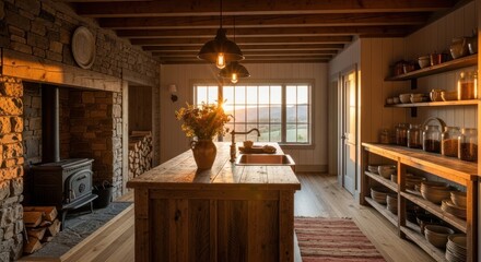 Rustic kitchen interior with wooden island fireplace and natural lighting