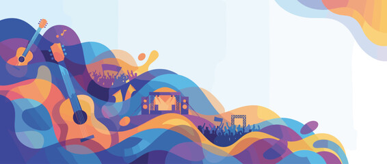 Fototapeta na wymiar Vibrant Music Festival Panoramic Vector Banner Featuring Abstract Colorful Sound Waves, Acoustic Guitars, Concert Stage, and Cheering Crowd Silhouettes. Artistic Background with Copy Space.