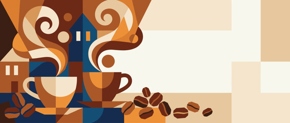 Abstract geometric coffee shop banner illustration with steaming cups of espresso and roasted beans in a cubist style with copy space for cafe branding, menu, or advertising background.