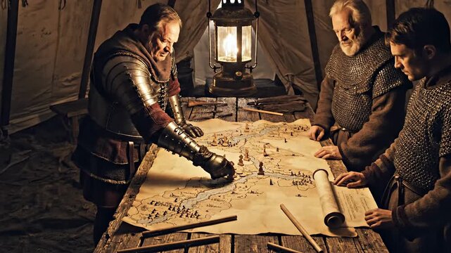 General with advisors examining a map inside a war tent