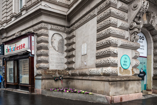 Monument to Bajcsy Zsilinszky Endre on a corner of Bajcsy Zsilinszky and Andrassy streets in Budapest in Hungary