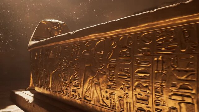 Gilded Egyptian sarcophagus resting in a dark tomb chamber