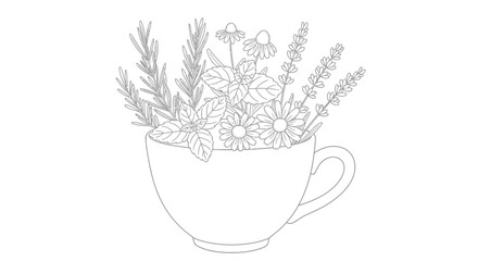 Elegant line art illustration of herbs and flowers in a teacup for wellness concepts © saipur