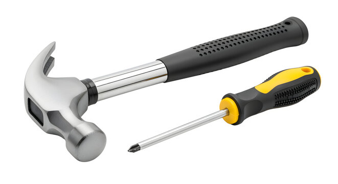 Metal claw hammer and Phillips head screwdriver isolated on white background