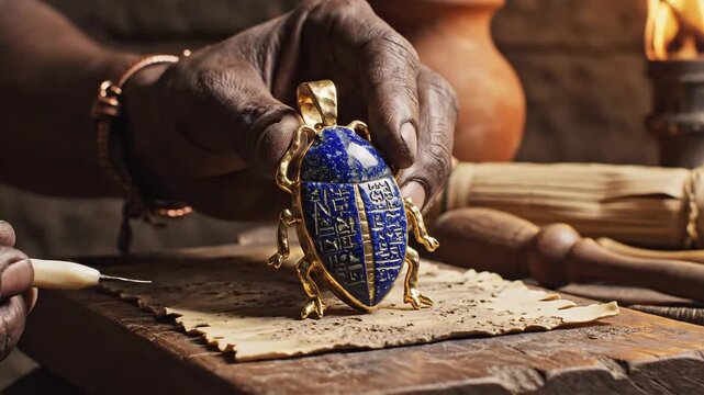 Artisan carefully crafting a golden scarab amulet