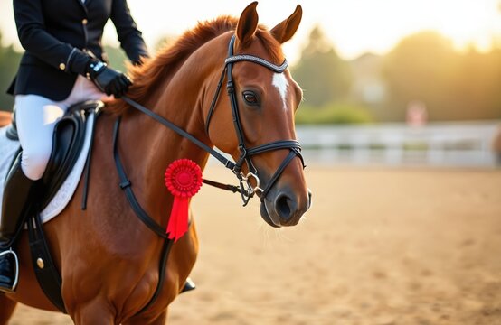 Bay horse with red rosette winner ribbon. Rider in formal show clothes sits in saddle on sandy arena. Equestrian sport competition, achievement award, champion animal and rider.