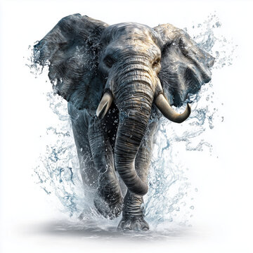 3d realistic elephant jumping out of the water with splashes on a white background, clipart, isolated on a white background