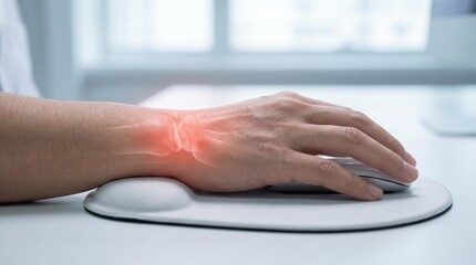 Wrist pain from repetitive strain shown with glowing joint area medical