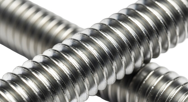 Close up of stainless steel threaded metal rods on white background