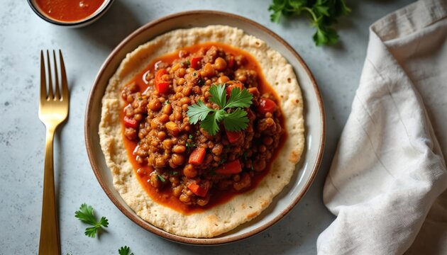 Ethiopian misir wot lentil stew served on injera flatbread. Rich, spicy vegan dish with fresh parsley garnish. Golden fork on side, textured surface.