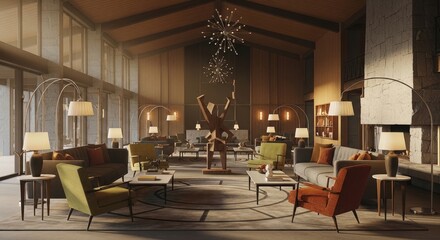 Elegant lounge interior with comfortable furniture and ambient lighting