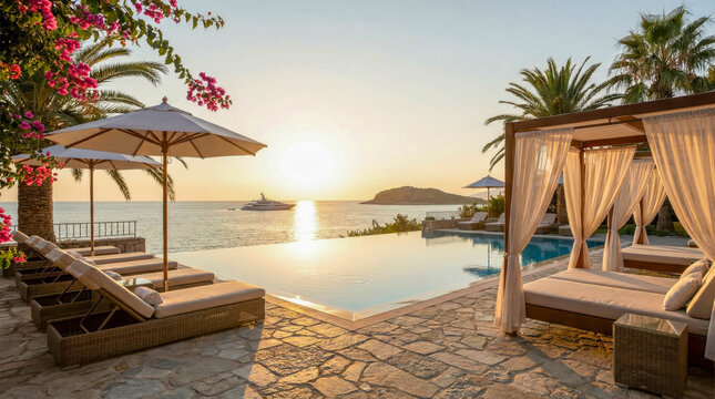 Sunset view from a luxury resort with lounge chairs and palm trees near the coast in a tropical location