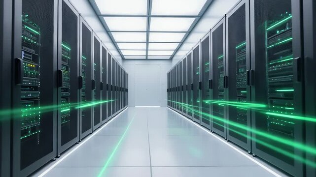 data center servers racks neon green lights in a server room