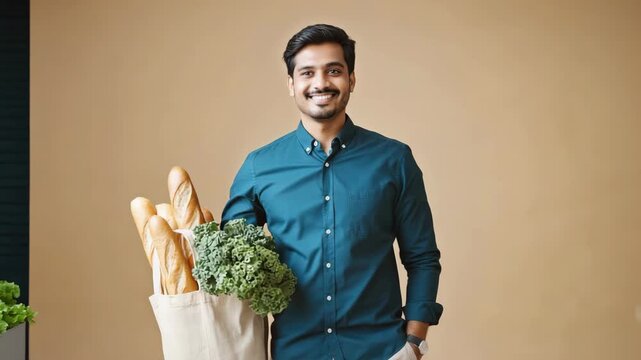 Man holding grocery bag with bread and vegetables