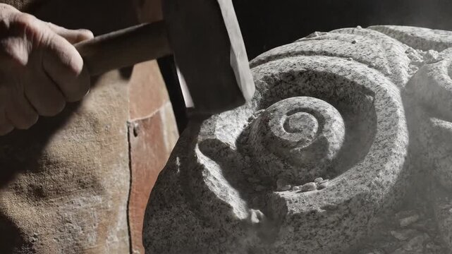 Artisan using a chisel carving details in granite