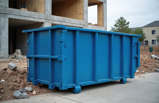 Blue industrial skip bin sits on concrete path at construction site with unfinished building. Pile of dirt and debris sits nearby. Heavy duty waste container for building refuse.