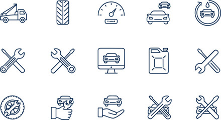 Automotive service and car maintenance line icon set with repair, diagnostics, insurance, and vehicle support symbols © Sajjat