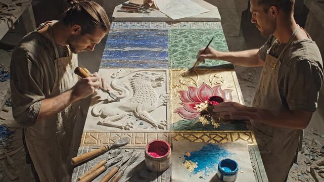 Artisans carving and painting a detailed sarcophagus