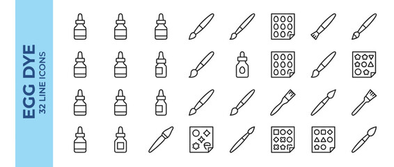 Egg Dye Icon Set Featuring 32 Thin Line Vector Icons of Dye Bottles, Paintbrushes, and Decorative Stickers for Easter Egg Decorating, Crafting, and Creative DIY Projects in a Clean Geometric Style.