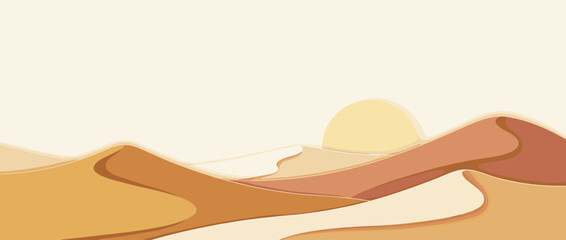 Panoramic vector banner illustration of a desert landscape with sand dunes and a minimal sun. Abstract paper cut style with layered hills in warm earthy tones and wide copy space for text.