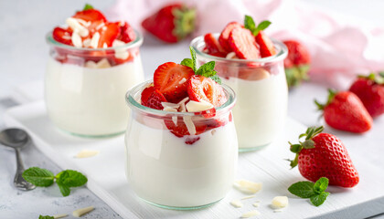 Yogurt bowl with sliced strawberries and white chocolate shavings, macro close up