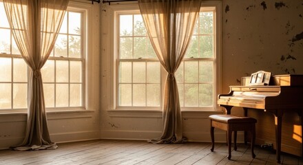 Room interior with piano by window drapes sunlight and soft atmosphere