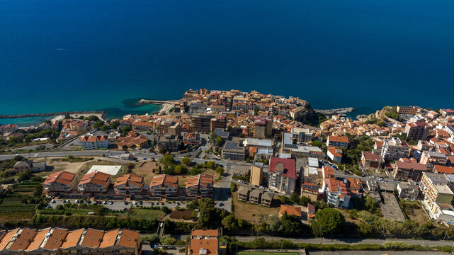 Aerial view of the city of Pizzo Calabro, located on the Coast of the Gods, in the province of Vibo Valentia, Calabria, Southern Italy. The town's historic center overlooks the Mediterranean Sea.