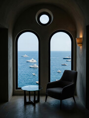 View of boats at sea from a room with a chair and table