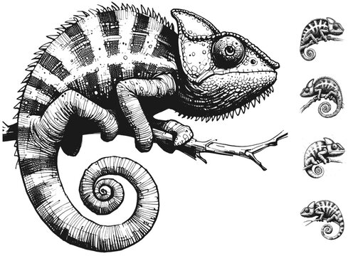 Black  White Chameleon Lizard linework sketch hand drawn pen drawing vector illustration svg