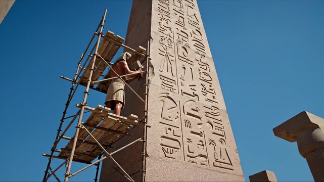 Builder meticulously carving hieroglyphs on an ancient obelisk
