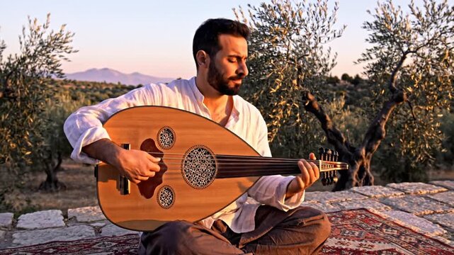 Man playing oud on rug in olive grove at sunset