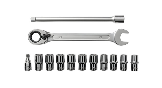 Ratchet wrench, extension bar, and socket set isolated on white background