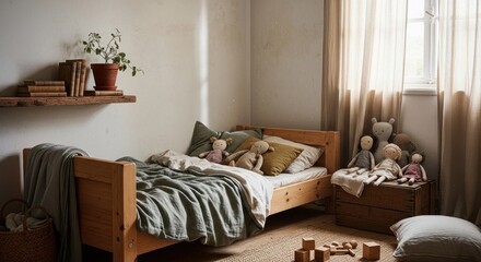 Cozy bedroom interior with wooden bed and neutral color palette under daylight