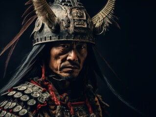 Fototapeta premium Fierce Asian warrior portrait wearing ancient metal helmet adorned with dramatic feathers and armor