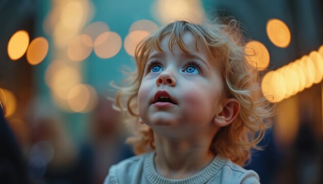 Young child with blue eyes looks up with wonder. Blond curly hair frames face. Blurred lights create dreamy atmosphere. Toddler experiences awe. Joyful curiosity.