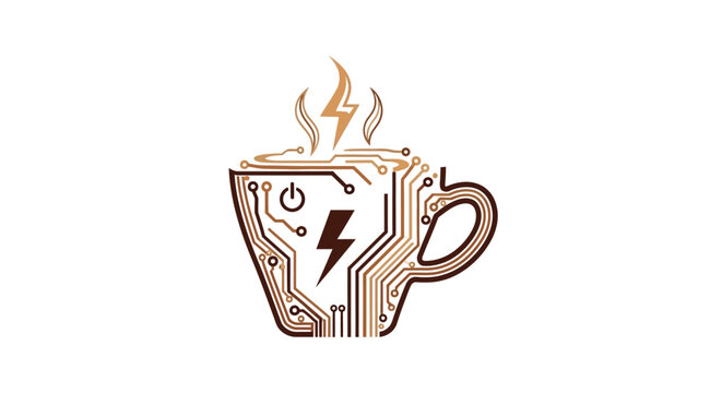 Circuit Board Coffee Cup with Lightning Bolt and Steam.