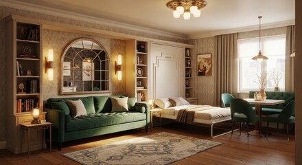Elegant living space interior design with green sofa and bedroom area