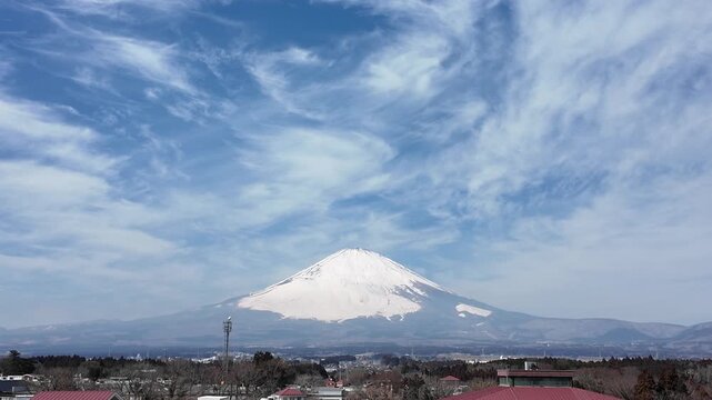 Mount Fuji under clear blue sky in Japan, 4K static wide landscape