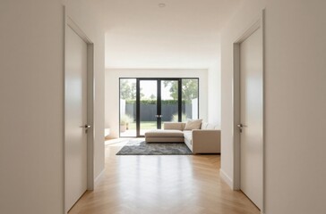 Obraz premium Bright Modern Home Interior with Open Floor Plan and Garden View through Glass Doors