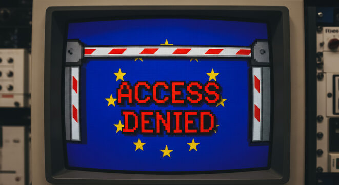 Vintage CRT monitor showing "Access Denied" error message with European Union flag graphic and pixelated security barrier, symbolizing EU geo-blocking, censorship, and data restrictions