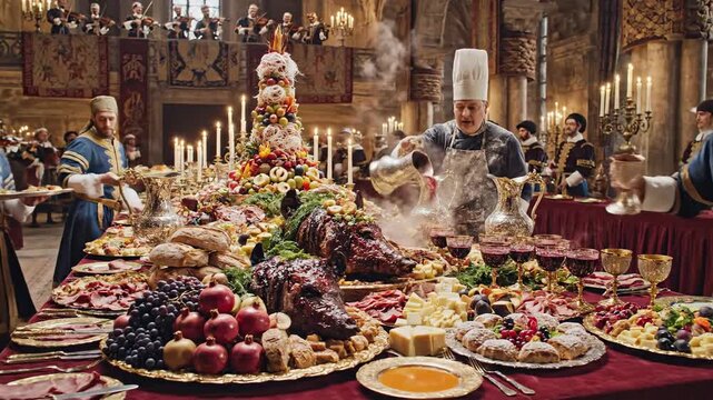 Chef presenting a grand royal feast banquet in a palace hall