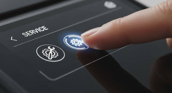 Finger Tapping Glowing Gear Icon on Digital Service Interface: Technical Support, Settings Configuration, and Maintenance Solutions on a Dark Touch Screen Display.